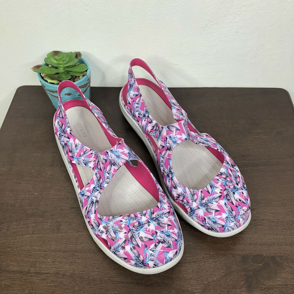 CROCS Swiftwater Wave Graphic w/ Candy Pink Water-Friendly Slingback Flats Sz 11